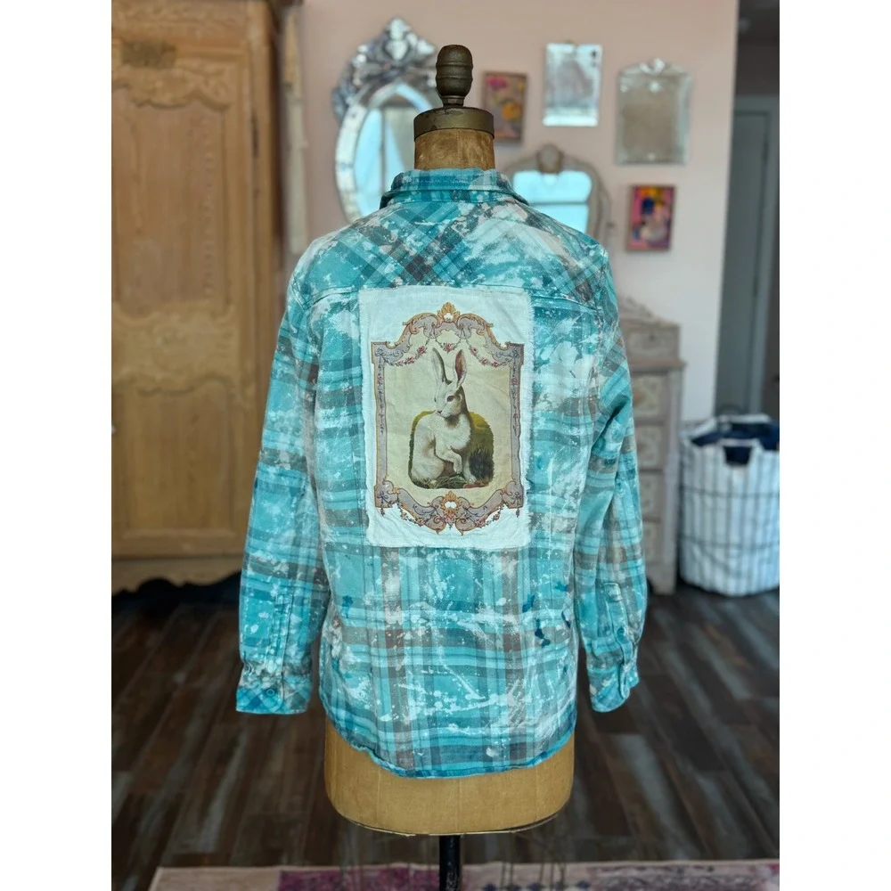 Upcycled Reworked Flannel Shirt| Rabbit Vintage Patchwork| Cottage‎ Core|  S - Picture 5 of 6